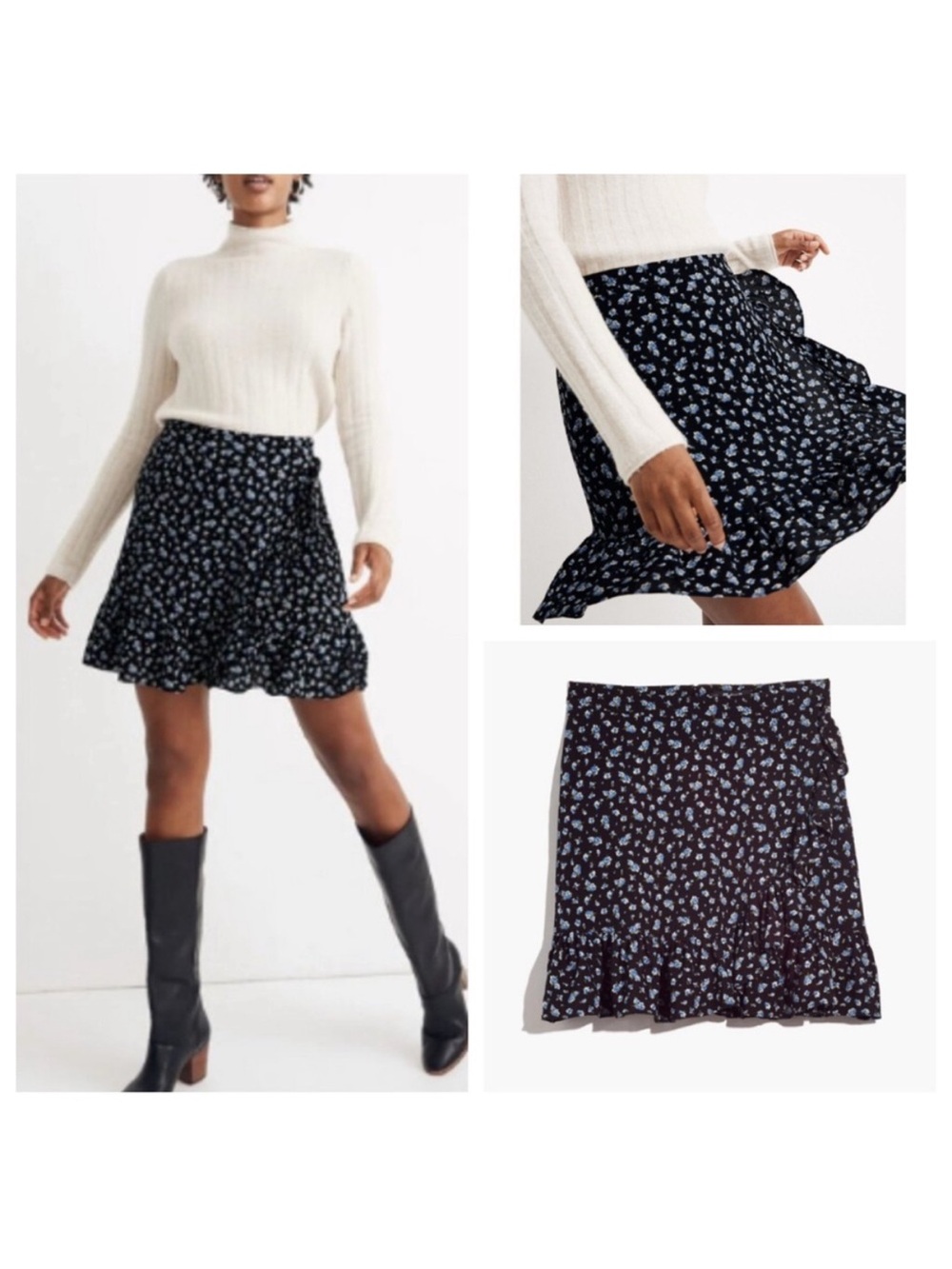 Madewell Women's Black Floral Ruffle Hem Mini Skirt - Size 4